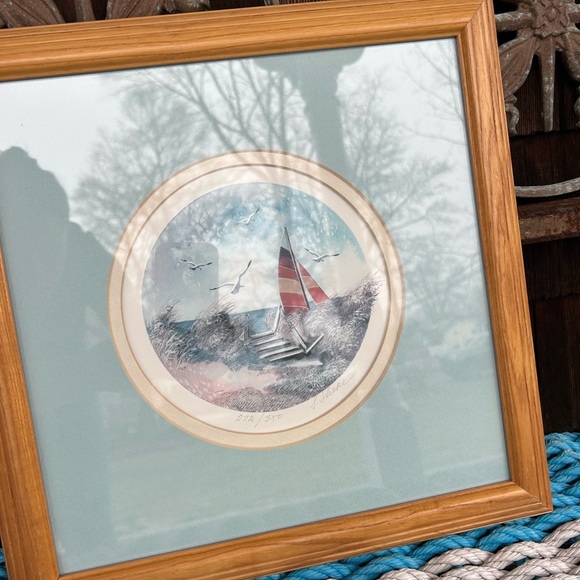 Waters Edge Signed by Irene Shore Framed Nautical Lithograph with Sailboat. - Picture 4 of 7